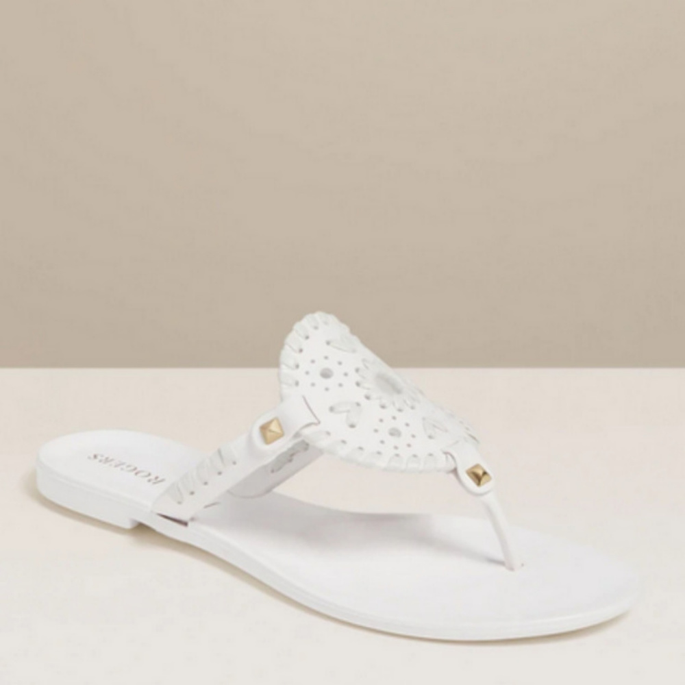 Jack Rogers White Leather Thong Sandal with Gold Studs